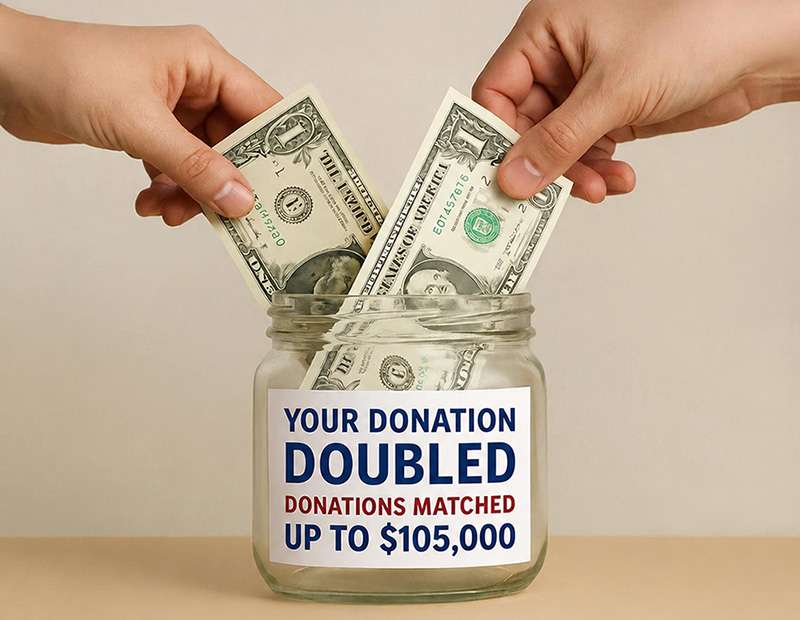 Hands place money into a jar promoting a donation match of up to $105,000.
