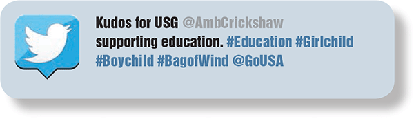 Kudos for USG @AmbCrickshaw supporting education. #Education #Girlchild #Boychild #BagofWind @GoUSA