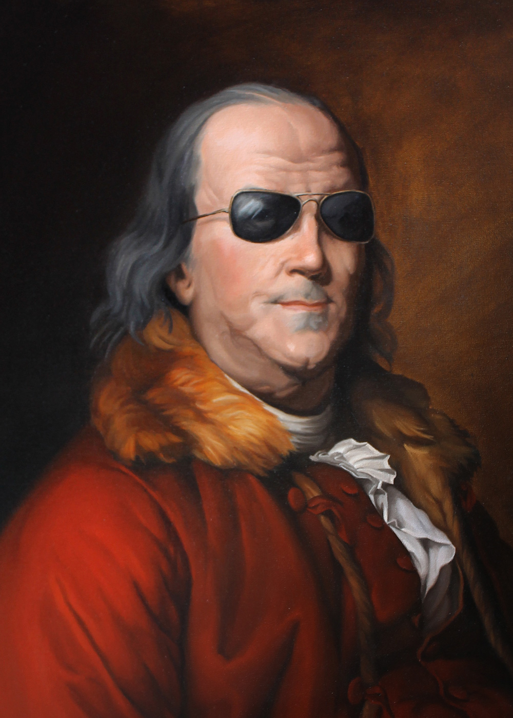 a photoshopped portrait of Benjamin Franklin wearing sunglasses