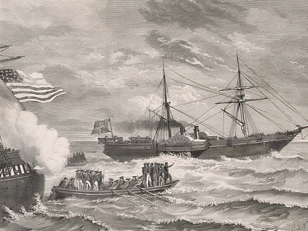 The Union ship San Jacinto halts the RMS Trent.