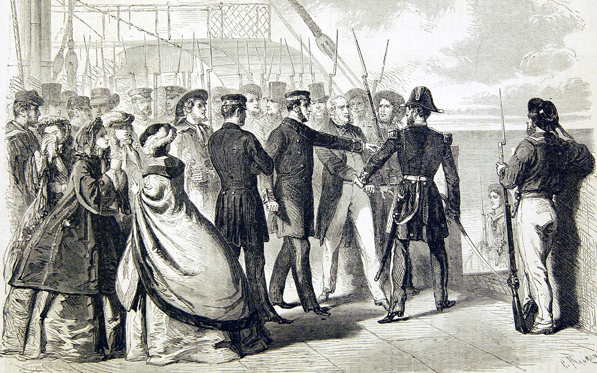 Confederate supporters James Mason and John Slidell are removed from the RMS Trent by Union captain Charles Wilkes on November 8, 1861.